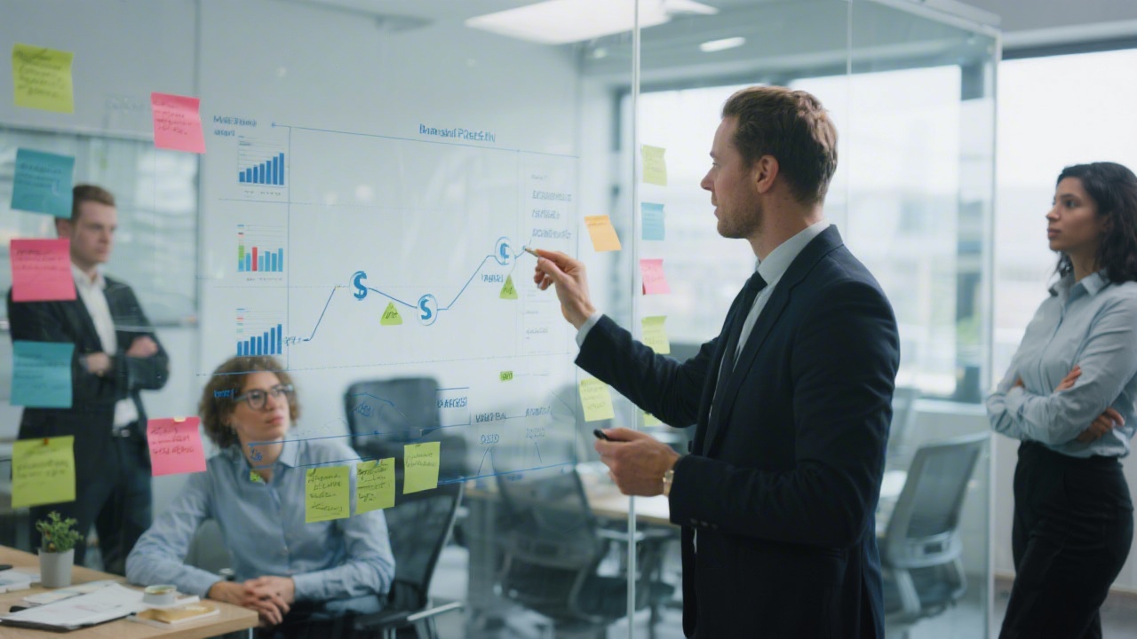 Finance consultant annotating complex cashflow model on glass whiteboard with sticky notes, presenting to colleagues in modern Berlin office