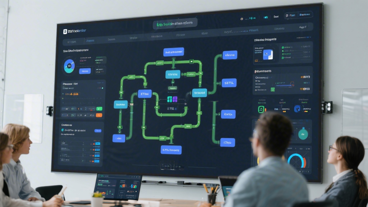 Detailed systems architecture diagram on digital whiteboard showing data integrations, ETL pipelines, and dashboard endpoints for finance team