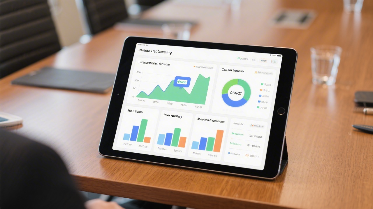 Tablet on conference table displaying benchmarking dashboard comparing free cash flow metrics across peer companies