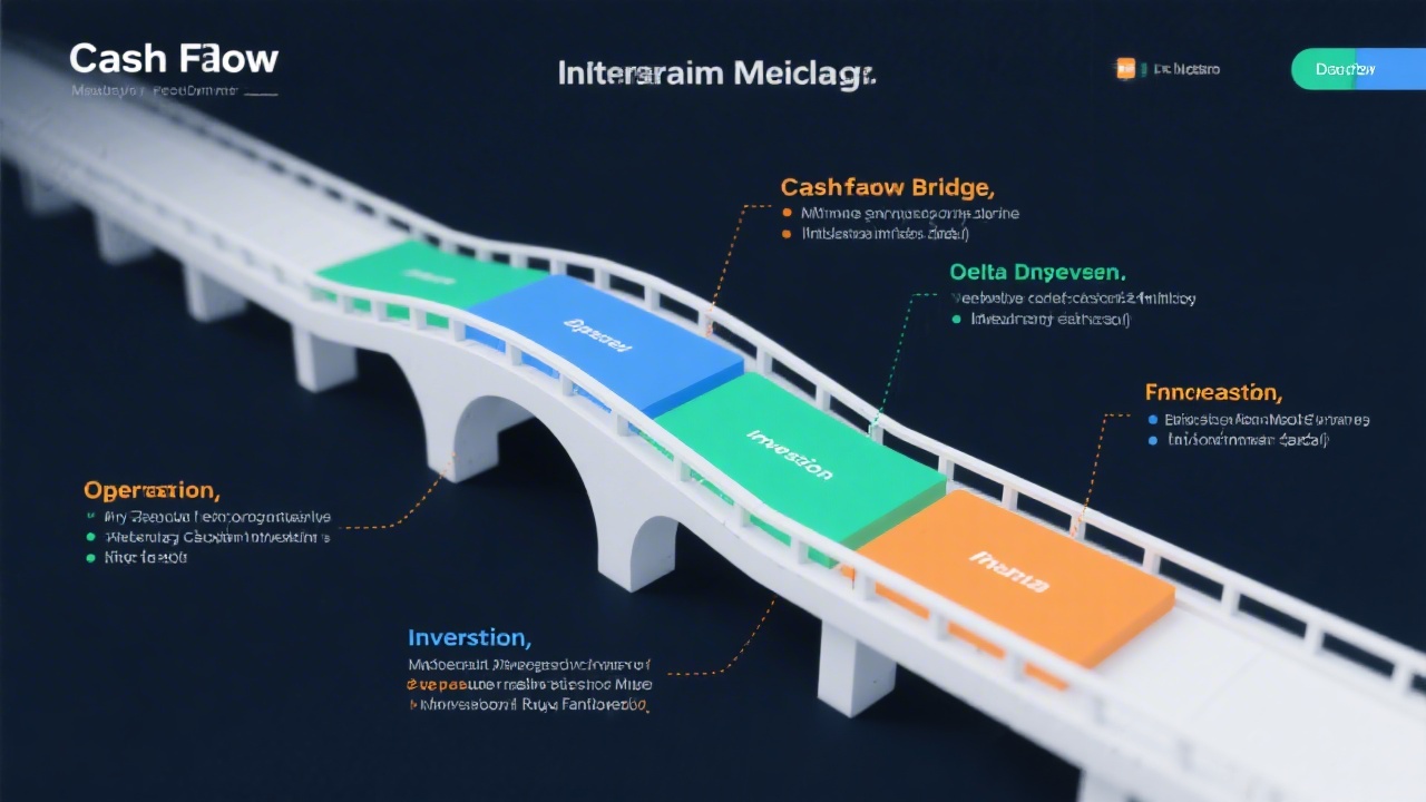 Interactive area chart representation of cashflow bridge with operating, investing, and financing segments plus annotations explaining delta drivers