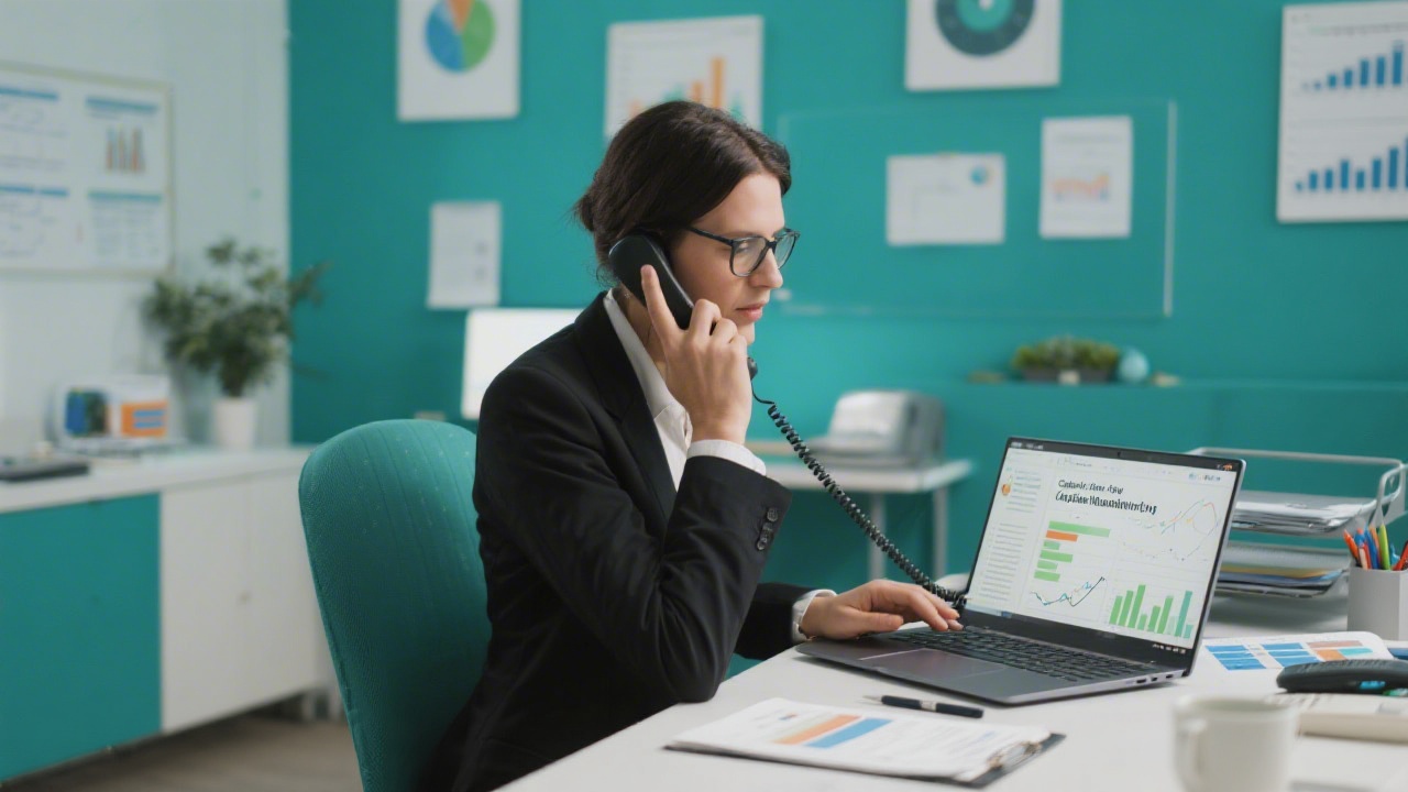 Professional workspace with teal accents where finance expert prepares client call using laptop displaying capital flow analytics
