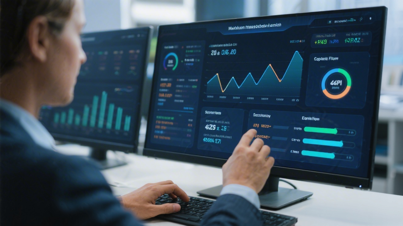 Close-up of controller working on interactive capital flow dashboard with highlighted KPIs and scenario sliders on widescreen monitor