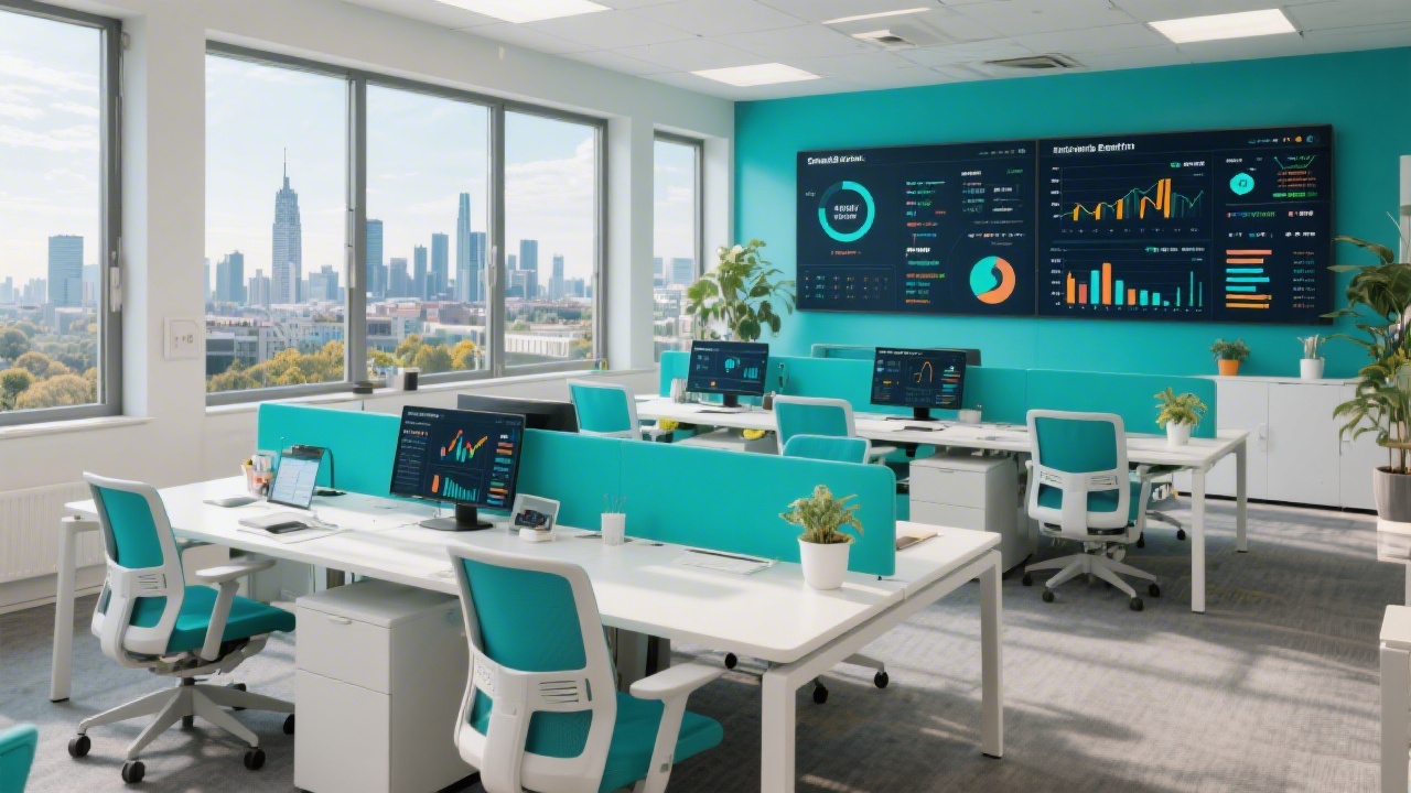 Bright Berlin office interior with teal accents, collaborative desks, large monitors showing finance dashboards, and skyline view
