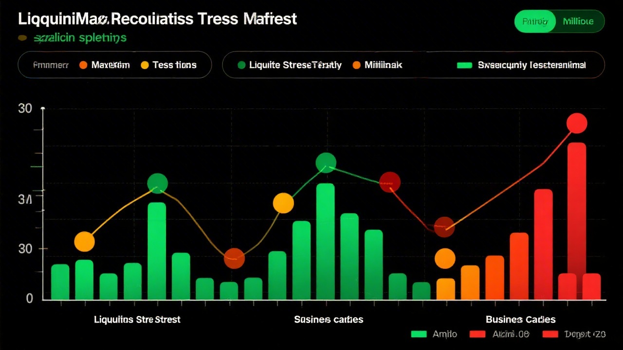 Scenario planning chart illustrating liquidity stress test results across three business cases with green amber red indicators