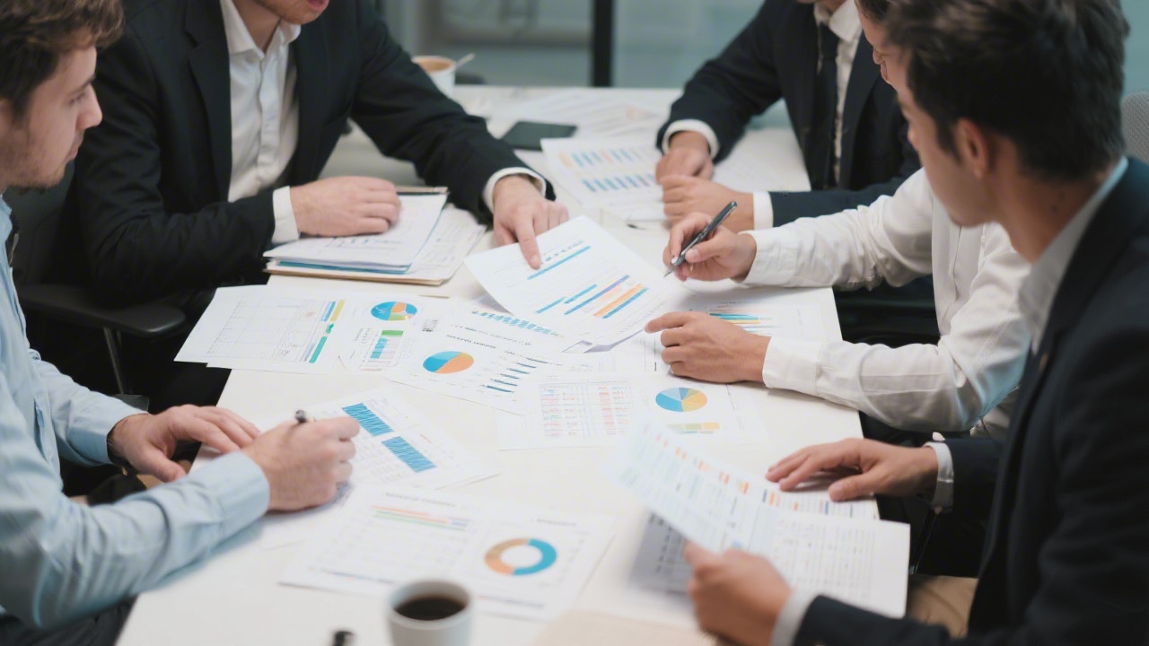 Finance professionals collaborating around a table reviewing printouts of cashflow statements and dashboards during an internal workshop